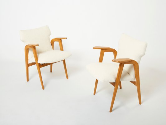 French Oak and Wool Bouclé Compass Armchairs from Roger Landault, 1950s, Set of 2-YJA-1360486