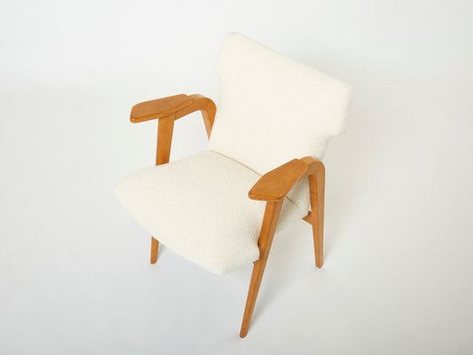 French Oak and Wool Bouclé Compass Armchairs from Roger Landault, 1950s, Set of 2-YJA-1360486