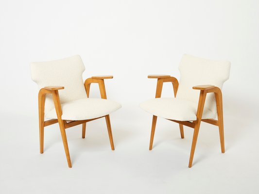 French Oak and Wool Bouclé Compass Armchairs from Roger Landault, 1950s, Set of 2-YJA-1360486