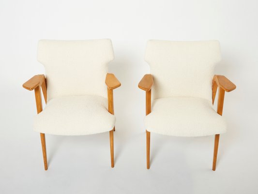 French Oak and Wool Bouclé Compass Armchairs from Roger Landault, 1950s, Set of 2-YJA-1360486