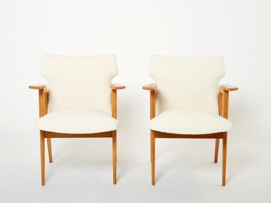 French Oak and Wool Bouclé Compass Armchairs from Roger Landault, 1950s, Set of 2-YJA-1360486