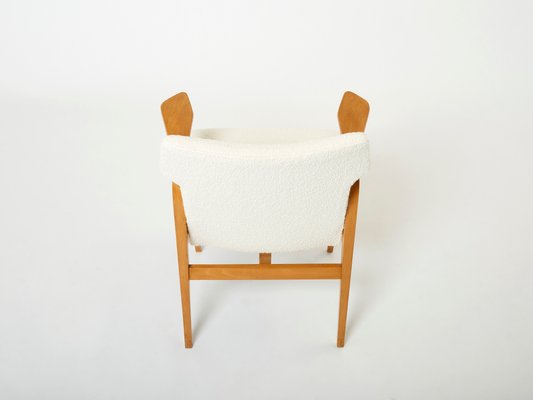 French Oak and Wool Bouclé Compass Armchairs from Roger Landault, 1950s, Set of 2-YJA-1360486