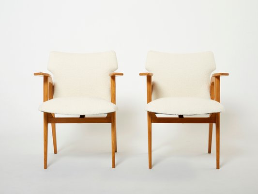 French Oak and Wool Bouclé Compass Armchairs from Roger Landault, 1950s, Set of 2-YJA-1360486