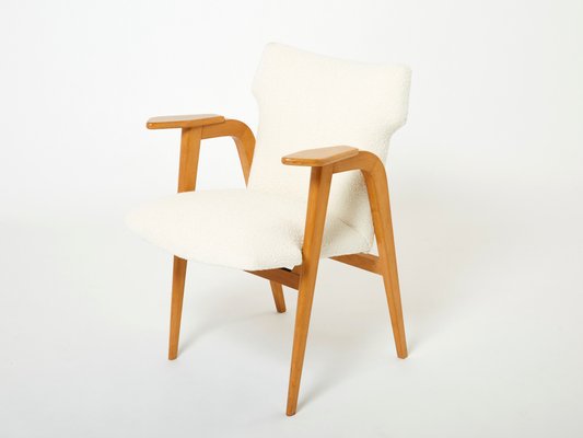 French Oak and Wool Bouclé Compass Armchairs from Roger Landault, 1950s, Set of 2-YJA-1360486