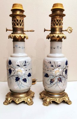 French Oil Lamps in Opaline Glass with Hand-Painted Bronze Finishing, Set of 2-QRS-949673