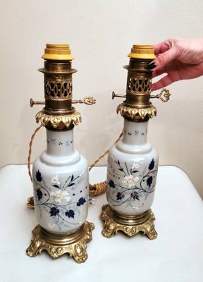 French Oil Lamps in Opaline Glass with Hand-Painted Bronze Finishing, Set of 2-QRS-949673