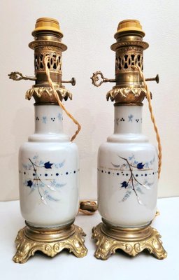 French Oil Lamps in Opaline Glass with Hand-Painted Bronze Finishing, Set of 2-QRS-949673