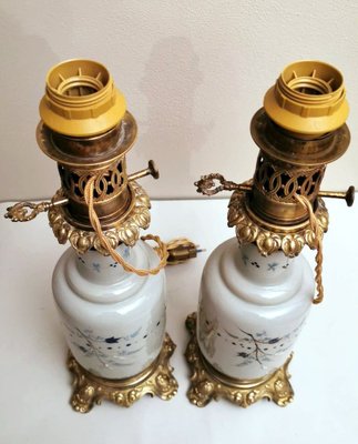 French Oil Lamps in Opaline Glass with Hand-Painted Bronze Finishing, Set of 2-QRS-949673