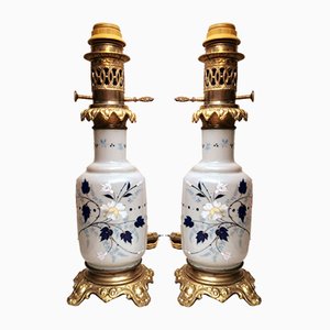 French Oil Lamps in Opaline Glass with Hand-Painted Bronze Finishing, Set of 2-QRS-949673