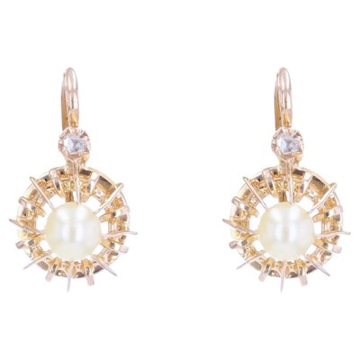 French Pearl & Diamonds with 18 Karat Rose Gold Lever Back Earrings, 1900s, Set of 2-OLU-1321128