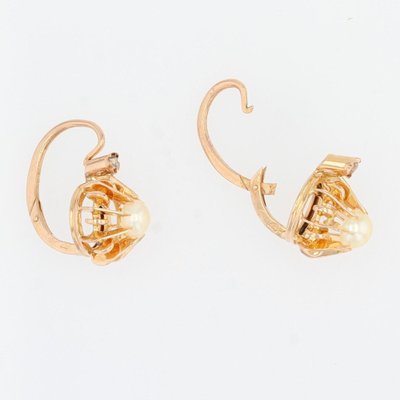 French Pearl & Diamonds with 18 Karat Rose Gold Lever Back Earrings, 1900s, Set of 2-OLU-1321128