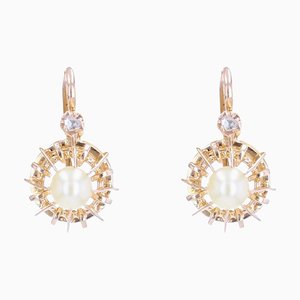 French Pearl & Diamonds with 18 Karat Rose Gold Lever Back Earrings, 1900s, Set of 2-OLU-1321128