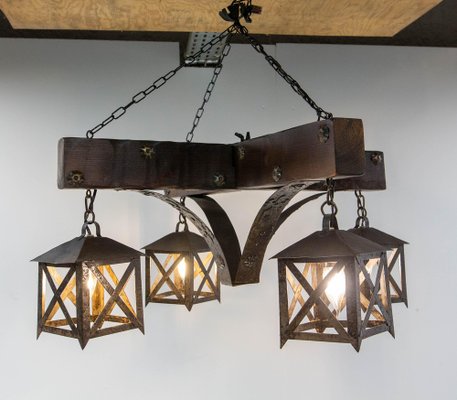 French Pendant in Oak ans Wrought Iron, 1960-RIU-2031655