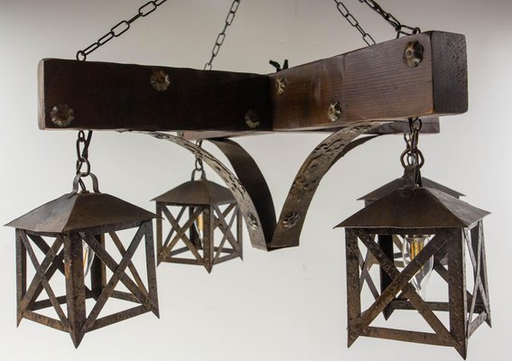 French Pendant in Oak ans Wrought Iron, 1960-RIU-2031655