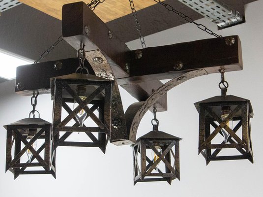 French Pendant in Oak ans Wrought Iron, 1960-RIU-2031655