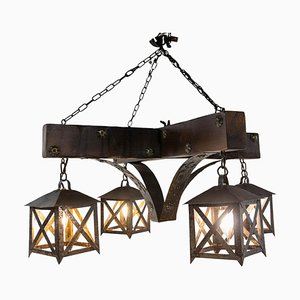 French Pendant in Oak ans Wrought Iron, 1960-RIU-2031655