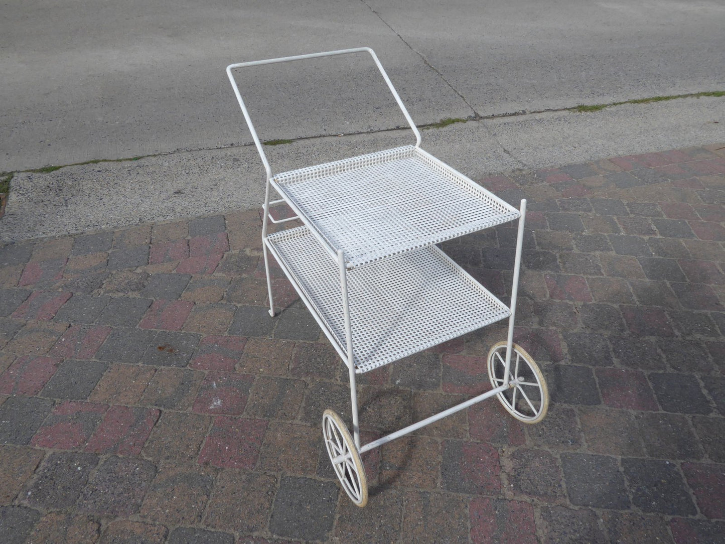 French Perforated White Metal Bar Trolley, 1950s