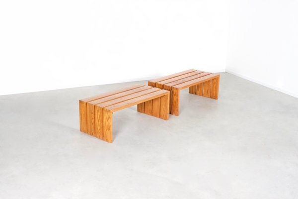 French Pine Wood Benches, 1960s, Set of 2-QT-1263468