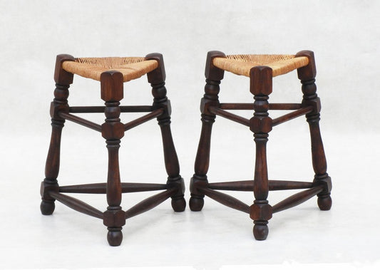 French Provincial Triangular Rush Seat Tabouret Stools, 1950s, Set of 2