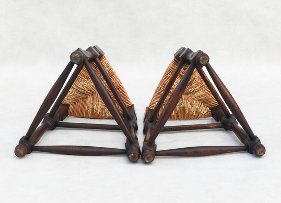 French Provincial Triangular Rush Seat Tabouret Stools, 1950s, Set of 2-JUA-1766307