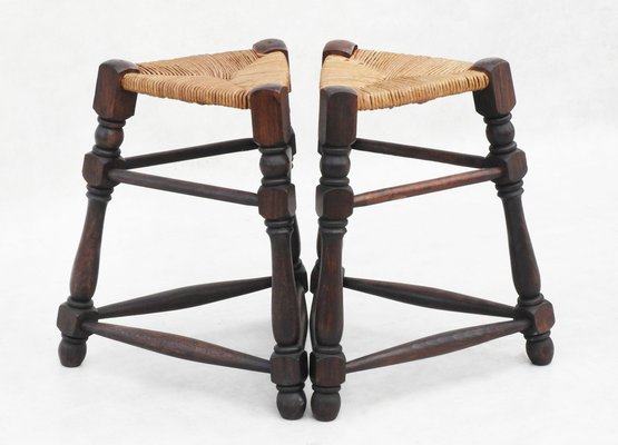 French Provincial Triangular Rush Seat Tabouret Stools, 1950s, Set of 2-JUA-1766307