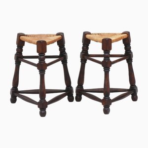 French Provincial Triangular Rush Seat Tabouret Stools, 1950s, Set of 2-JUA-1766307