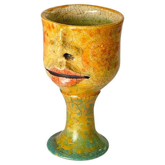 French Raku Chalice in Cracked Ceramic 1960 France Yellow Color