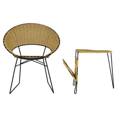 French Rattan Chair & Table with Magazine Rack Set by Raoul Guys, 1950s, Set of 2-GXL-1135349