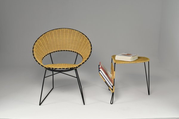 French Rattan Chair & Table with Magazine Rack Set by Raoul Guys, 1950s, Set of 2-GXL-1135349