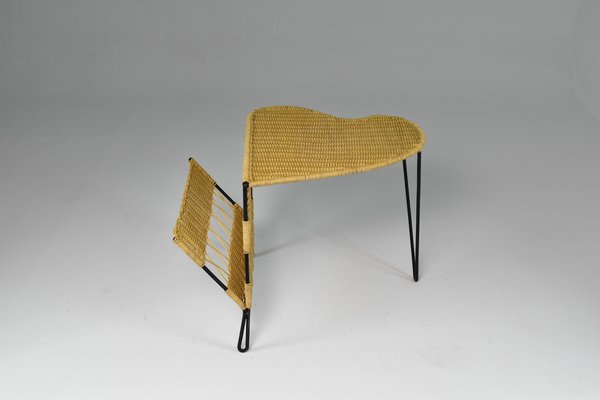 French Rattan Chair & Table with Magazine Rack Set by Raoul Guys, 1950s, Set of 2-GXL-1135349