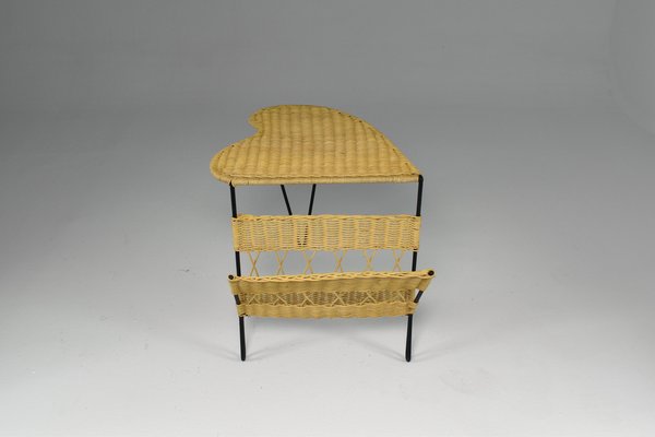 French Rattan Chair & Table with Magazine Rack Set by Raoul Guys, 1950s, Set of 2-GXL-1135349