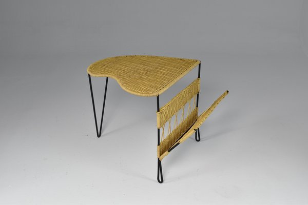 French Rattan Chair & Table with Magazine Rack Set by Raoul Guys, 1950s, Set of 2-GXL-1135349