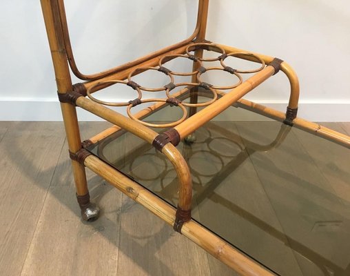 French Rattan Drinks Trolley with Leather Links, 1950s-BA-658428