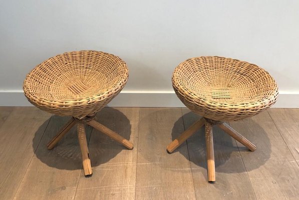 French Rattan Stools, 1970s, Set of 2-BA-926127