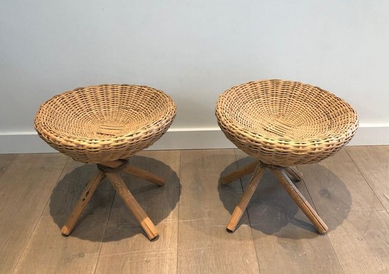 French Rattan Stools, 1970s, Set of 2-BA-926127