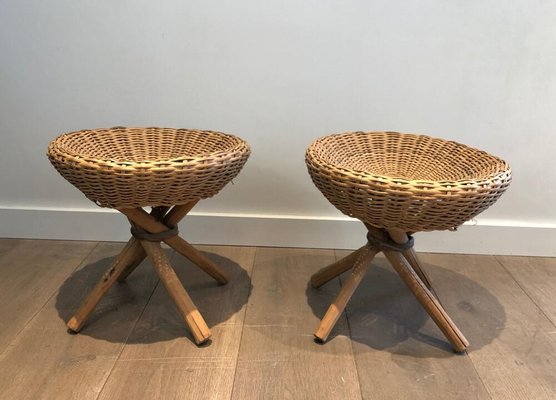 French Rattan Stools, 1970s, Set of 2-BA-926127