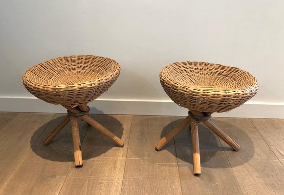 French Rattan Stools, 1970s, Set of 2-BA-926127