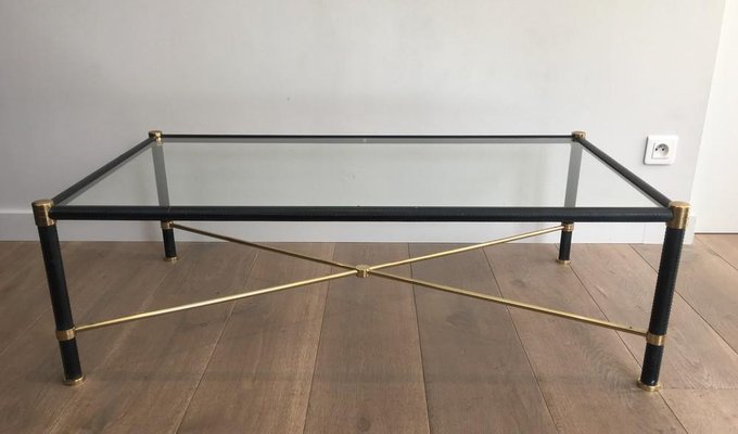 French Rectangular Brass & Black Leather Coffee Table in the Style of Jacques Adnet, 1970s-BA-658436