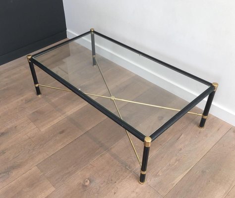 French Rectangular Brass & Black Leather Coffee Table in the Style of Jacques Adnet, 1970s-BA-658436