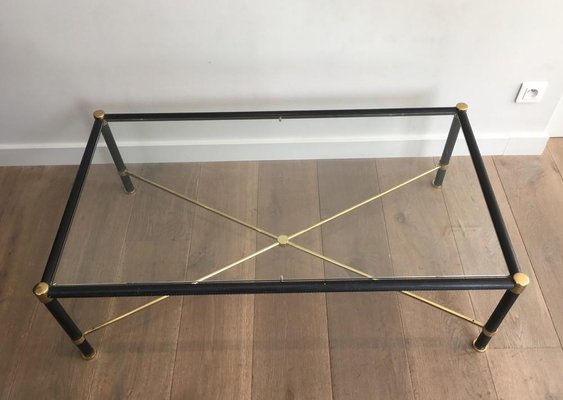 French Rectangular Brass & Black Leather Coffee Table in the Style of Jacques Adnet, 1970s-BA-658436