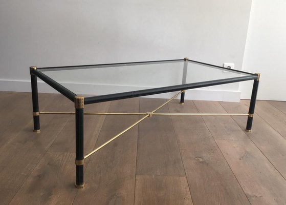 French Rectangular Brass & Black Leather Coffee Table in the Style of Jacques Adnet, 1970s-BA-658436