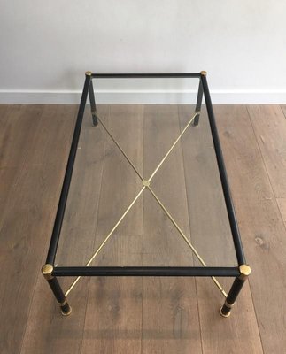 French Rectangular Brass & Black Leather Coffee Table in the Style of Jacques Adnet, 1970s-BA-658436