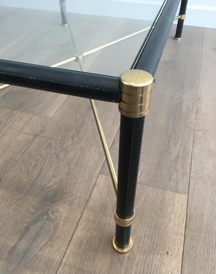 French Rectangular Brass & Black Leather Coffee Table in the Style of Jacques Adnet, 1970s-BA-658436