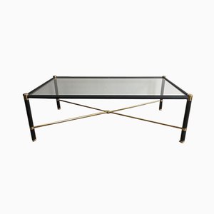 French Rectangular Brass & Black Leather Coffee Table in the Style of Jacques Adnet, 1970s-BA-658436