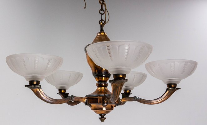 French Red Copper and Frosted Glass Chandelier, 1940s-RIU-1142286