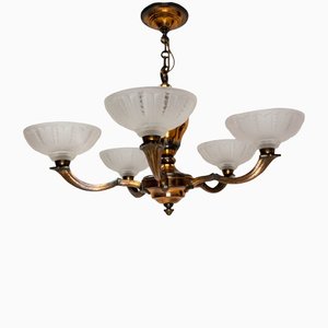 French Red Copper and Frosted Glass Chandelier, 1940s-RIU-1142286