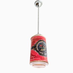 French Red Hand-Painted Glass Ceiling Lamp, 1950s-SCS-1028143