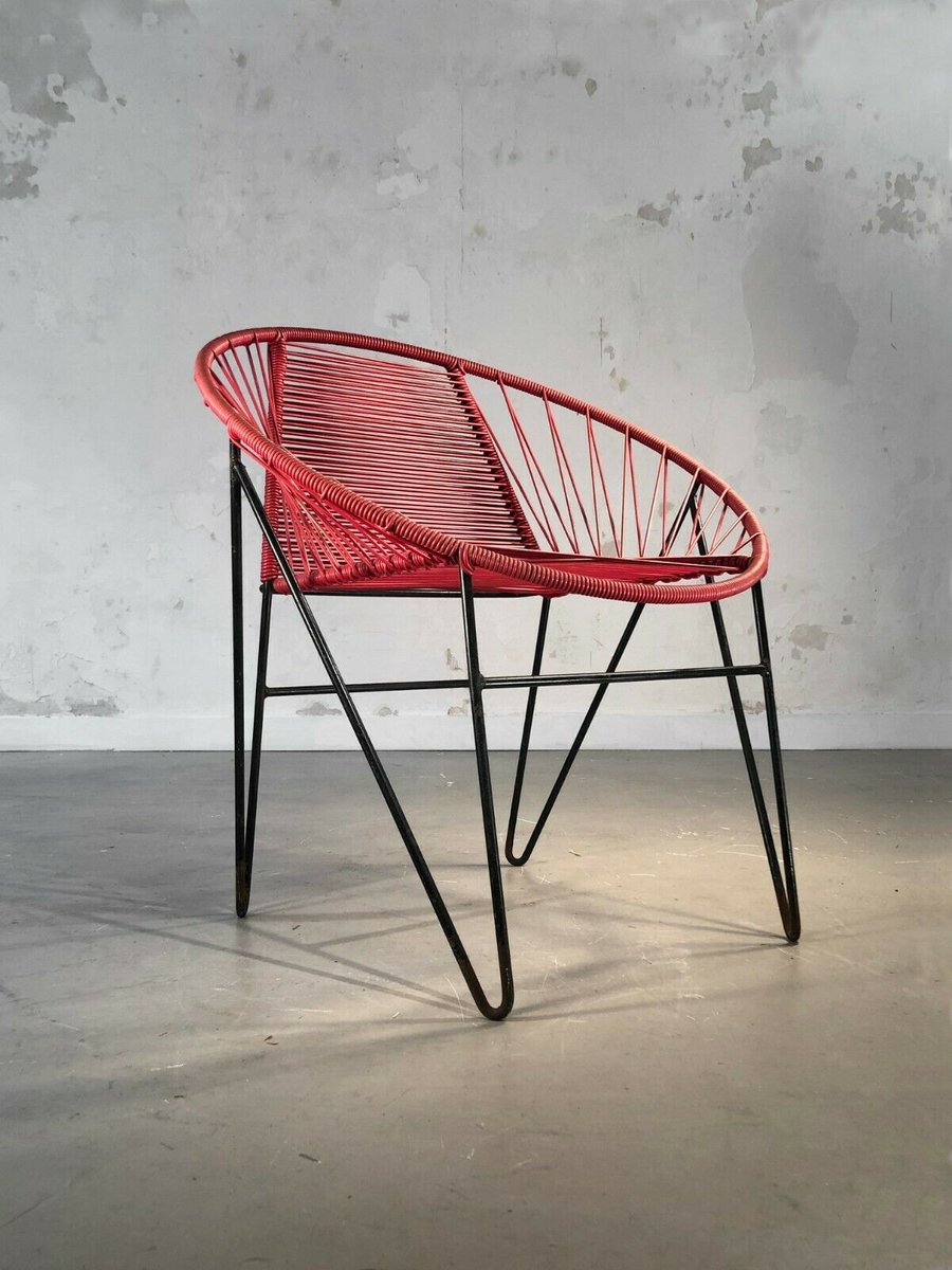 French Red Vinyl Wire Chair by Raoul Guys, 1950s