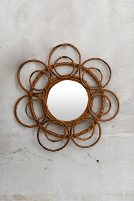 French Riviera Flower Rattan Sunburst Mirror, 1960s-MNF-2015957