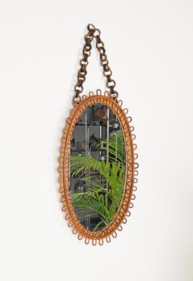 French Riviera Oval Curved Rattan and Bamboo Mirror with Chain, Italy, 1960s-JDR-2034365